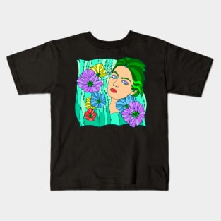 Green Mermaid With Water Flowers Kids T-Shirt